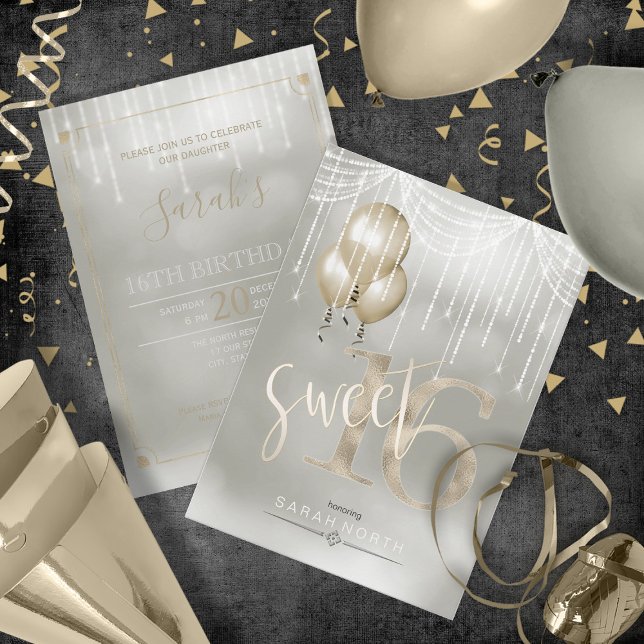 String Ljus & Balloons Sweet 16 Champagne ID473 Inbjudningar (Front/Back In Situ)