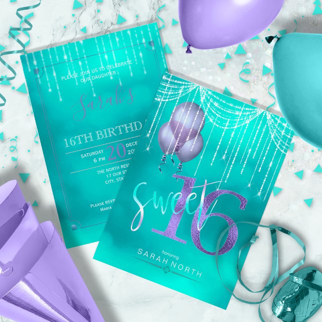 String Ljus & Balloons Sweet 16 TealPurple ID473 Inbjudningar (Back/Front In Situ)