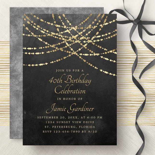 String Ljus Black Guld Birthday Inbjudningar (Skapare uppladdad)