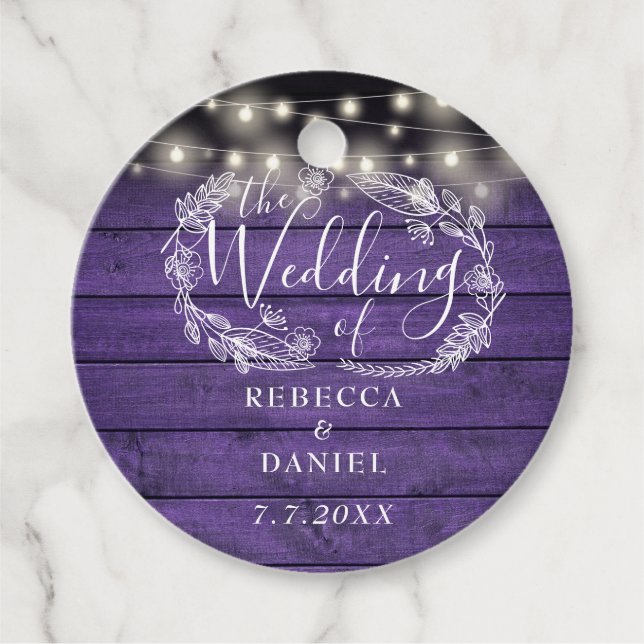 String Ljus Blommigt Lila Rustic Wood Bröllop Gåvor Etiketter (Framsida)