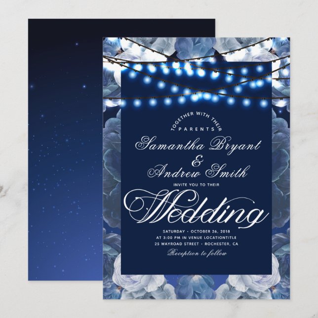 String ljus Blue Elegant bröllop Inbjudningar (Fram/baksida)