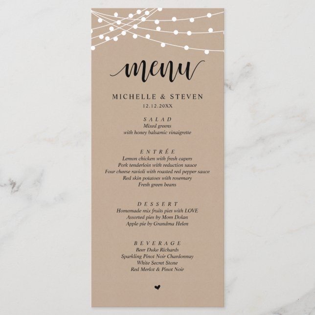 String Ljus Brown Kraft Bröllop Elopement Middag Meny (Framsida)
