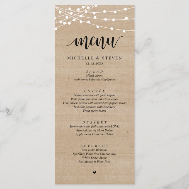 String Ljus Brown Wood Bröllop Elopement Middag Meny (Framsida)