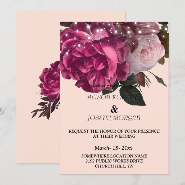 String Ljus Burgundy Flowers Bröllopsinbjudan Inbjudningar (Fram/baksida)