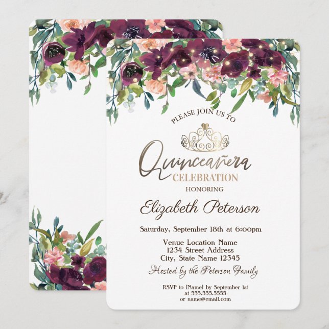 String Ljus Burgundy Flowers Quinceañera Inbjudningar (Fram/baksida)