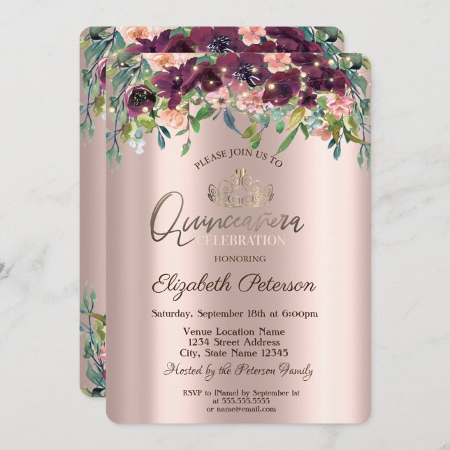 String Ljus Burgundy Flowers Ro Quinceañera Inbjudningar (Fram/baksida)