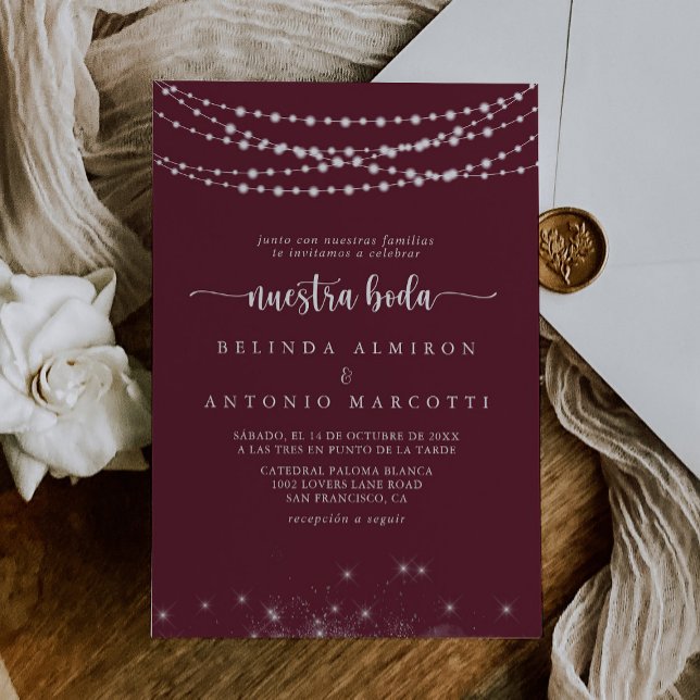 String Ljus Burgundy Nuestra Boda Bröllop Inbjudningar (Skapare uppladdad)
