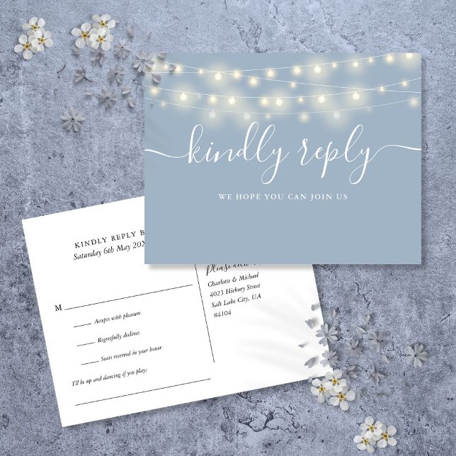 String Ljus Dusty Blue Sång Request OSA Inbjudan Vykort (String Lights Dusty Blue Song Request RSVP Invitation Postcard)