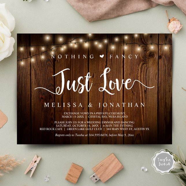 String Ljus, Elopement, Ingenting Finare just Kärl Inbjudningar (Nothing Fancy Just Love Invitation Card, Modern Rustic String Lights, Cottage Brown Wood.)