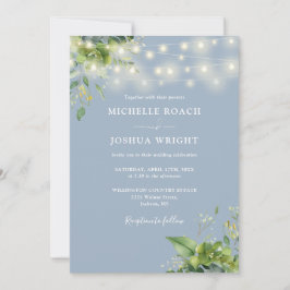 String Ljus Greenery Dusty Blue QR Code Bröllop Inbjudningar