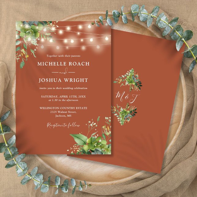 String Ljus Greenery Terracotta Monogram Bröllop Inbjudningar (String Lights Greenery Terracotta Monogram Wedding Invitation)
