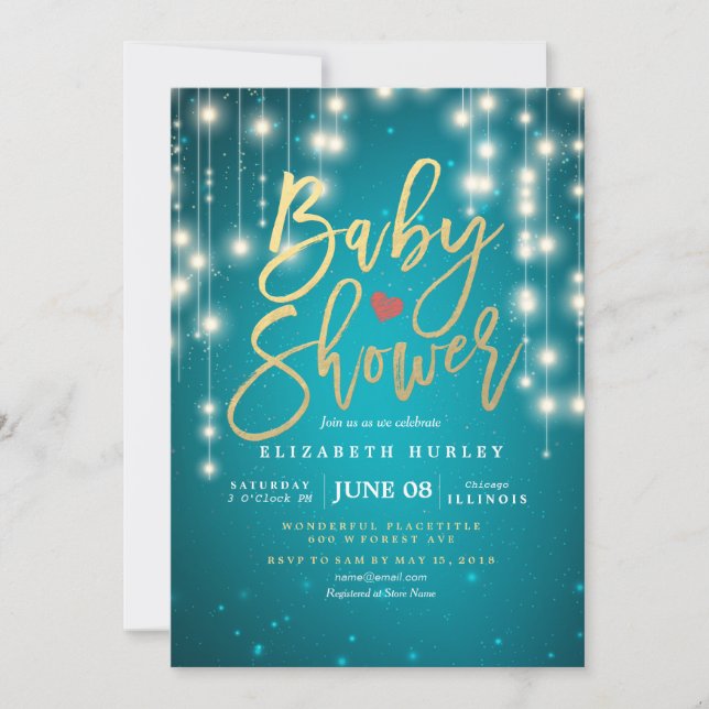 String Ljus Guld-skript Blue Glitter Baby Shower Inbjudningar (Framsida)