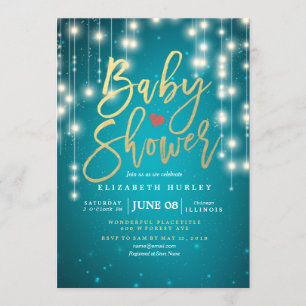 String Ljus Guld-skript Blue Glitter Baby Shower Inbjudningar