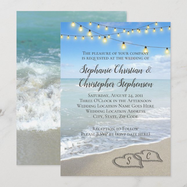 String Ljus Hearts in the Sand Beach Wedding Inbjudningar (Fram/baksida)