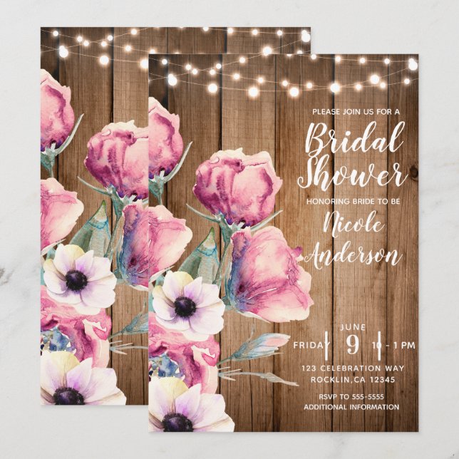 String Ljus & Land Flowers Rustic Barn Wood Inbjudningar (Fram/baksida)