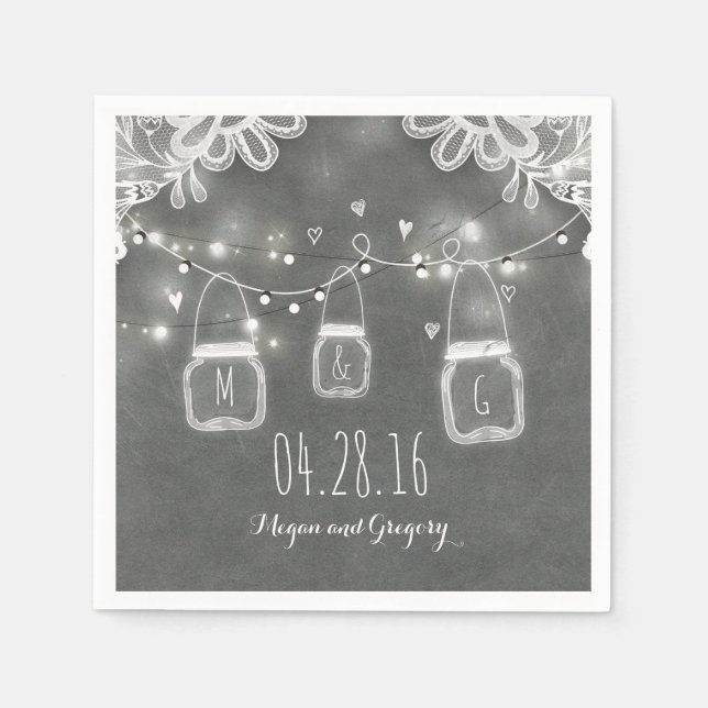 String Ljus Mason Burk och Snöre Rustic Bröllop Pappersservett (Framsidan)