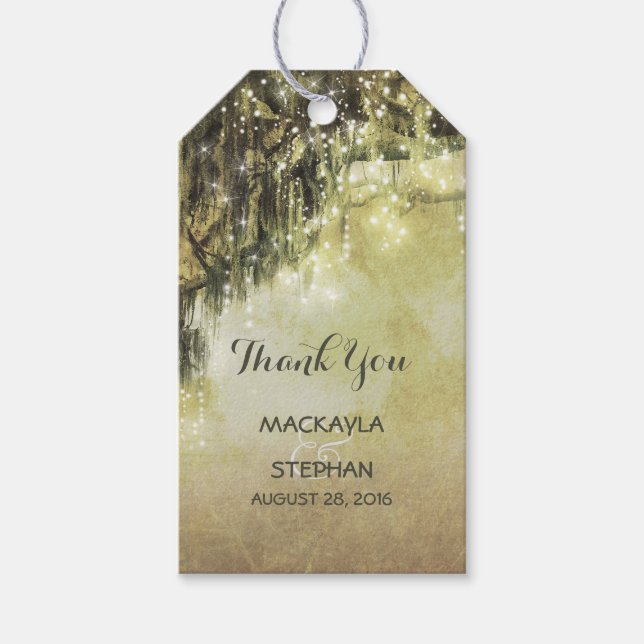 String Ljus Mossy Träd Grenar Bröllop Presentetikett (Framsidan)
