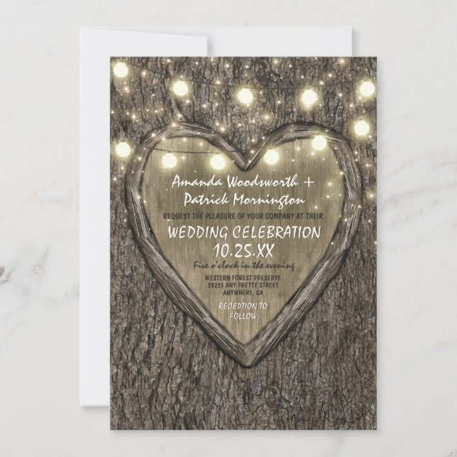 String Ljus + Oak Träd Bark bröllopsinbjudningar Inbjudningar (Framsida)