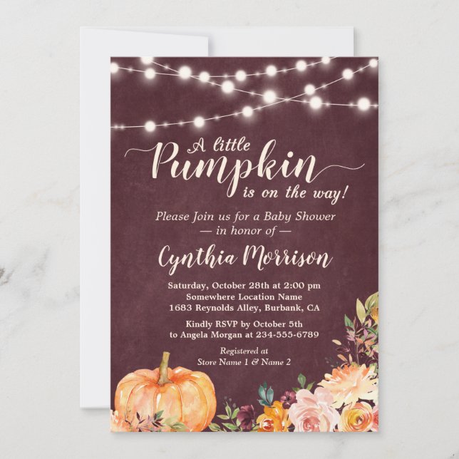 String Ljus Pumpkin Baby Shower Burgundy Blommigt Inbjudningar (Framsida)