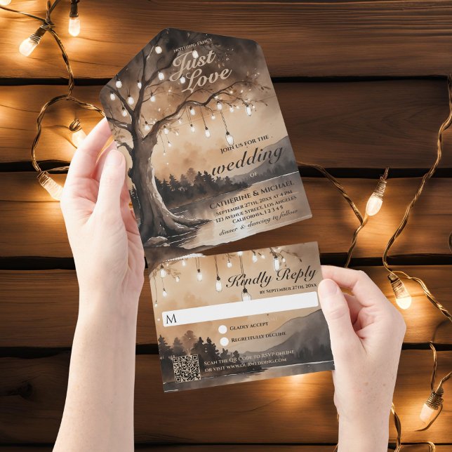 String Ljus Romantic Land QR Code Bröllop (Top view barn wood fairy lights rustic oak tree lanterns enchanted forest light trifold invitation)