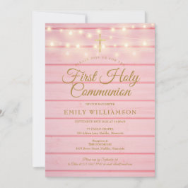 String Ljus Rosa Wood First Heliga Communion Inbjudningar