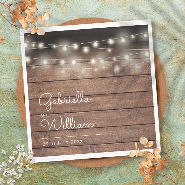 String Ljus Rustic Barn Wood Elegant-skript Pappersservett (String Lights Rustic Barn Wood Elegant Script Napkins)