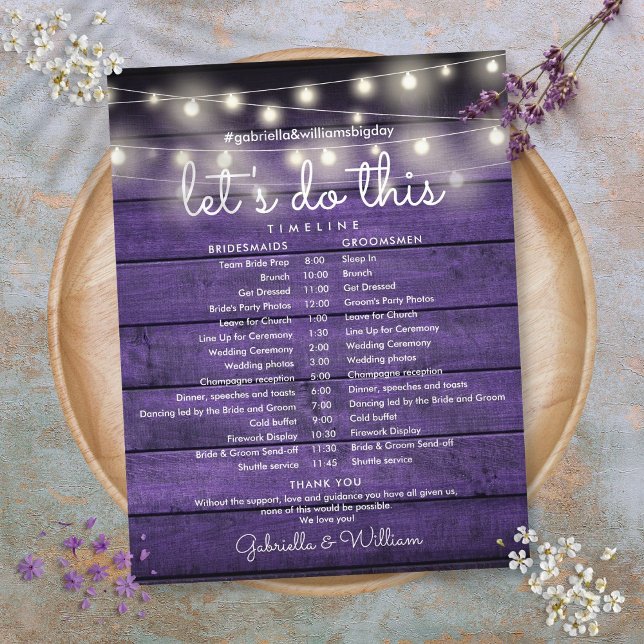 String Ljus Rustic Lila Wood Bröllop Timeline (String Lights Rustic Purple Wood Wedding Timeline)