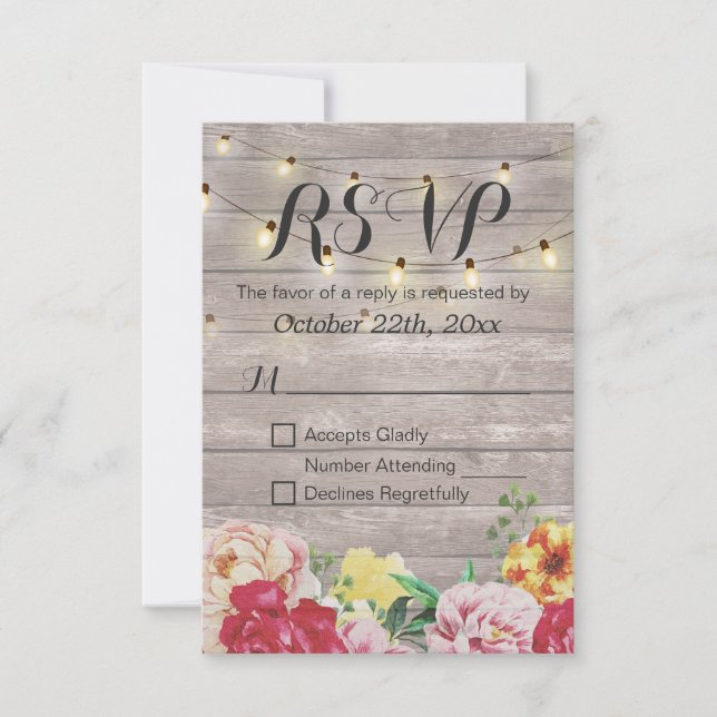 String Ljus Rustic Wood Blommigt Bröllop OSA Card Kort (Framsida)