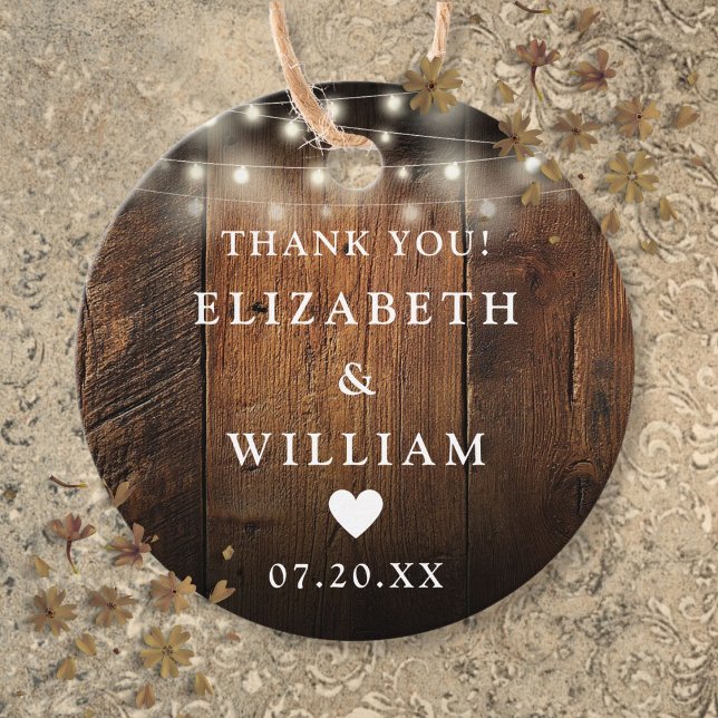 String Ljus Rustic Wood Boho Barn Bröllop Gåvor Etiketter (String Lights Rustic Wood Boho Barn Wedding Favor Tags)
