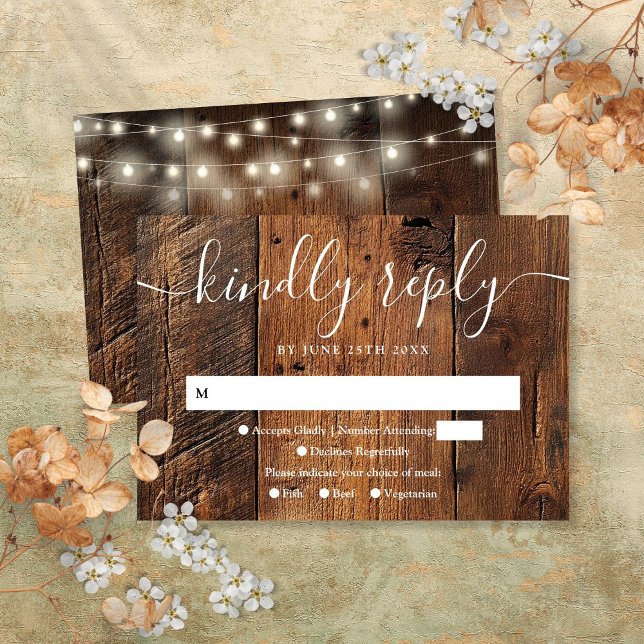 String Ljus Rustic Wood Boho Westernare Bröllop OSA Kort (String Lights Rustic Wood Boho Western Wedding RSVP Card)