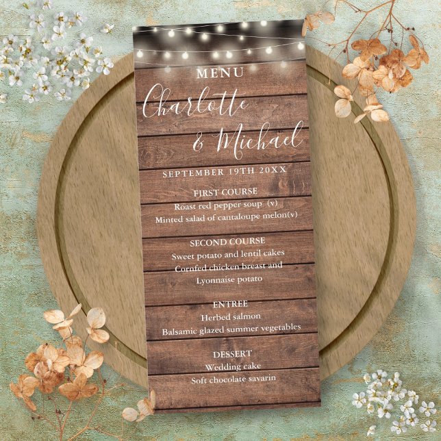 String Ljus Rustic Wood Bröllop Menu Meny (String Lights Rustic Wood Wedding Menu)