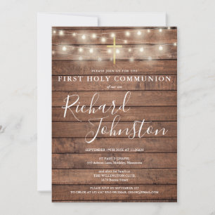 String Ljus Rustic Wood First Heliga Communion Inbjudningar