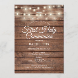 String Ljus Rustic Wood First Heliga Communion Inbjudningar