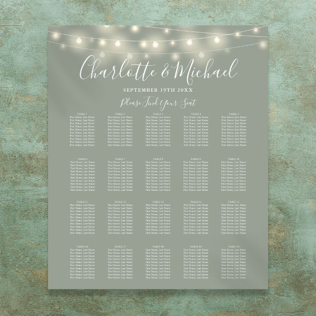 String Ljus Sage Grönt Bröllop, sittdiagram för  Poster (String Lights Sage Green Wedding Seating Chart)