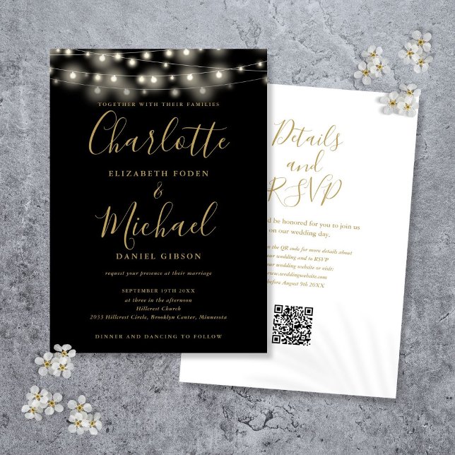 String Ljus Script Black Guld QR-kod Bröllop Inbjudningar (String Lights Script Black Gold QR Code Wedding Invitation)