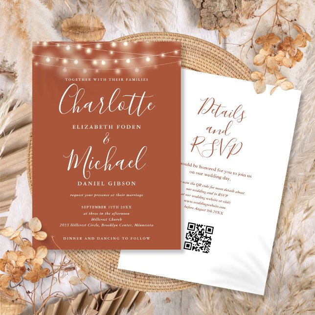 String Ljus Script Terracotta QR-kod Bröllop Inbjudningar (String Lights Script Terracotta QR Code Wedding Invitation)