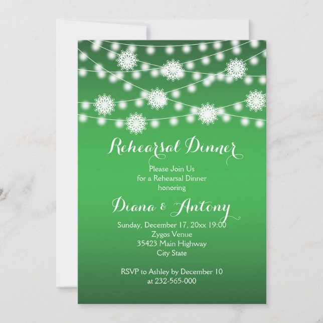 String ljus, snöflingor bröllop-repetitionsmiddag inbjudningar (Framsida)