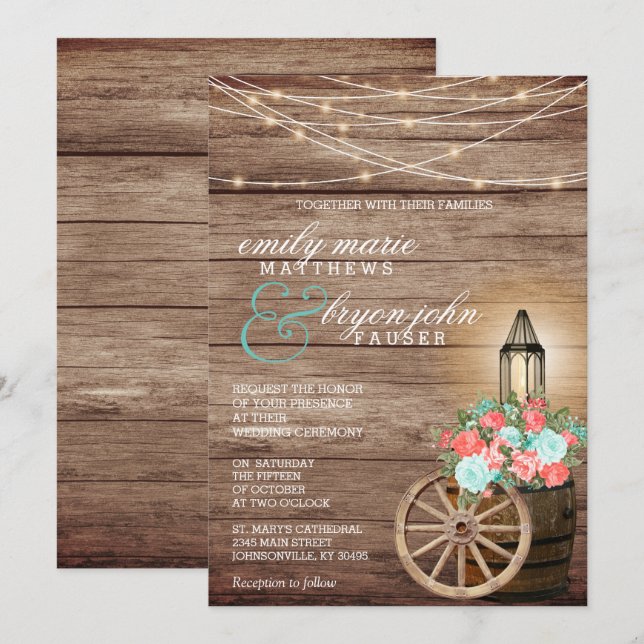 String Ljus, Wood Barrel och Teal, Coral Flowers Inbjudningar (Fram/baksida)