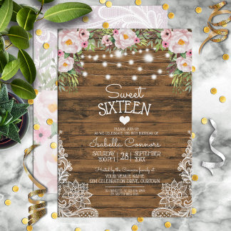 String Ljus Wood Blommigt och Snöre Sweet 16 Party Inbjudningar