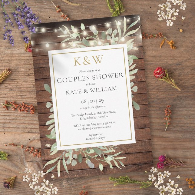 String Ljus Wood Monogram Par Shower Inbjudningar (String Lights Wood Monogram Couples Shower Invitation)