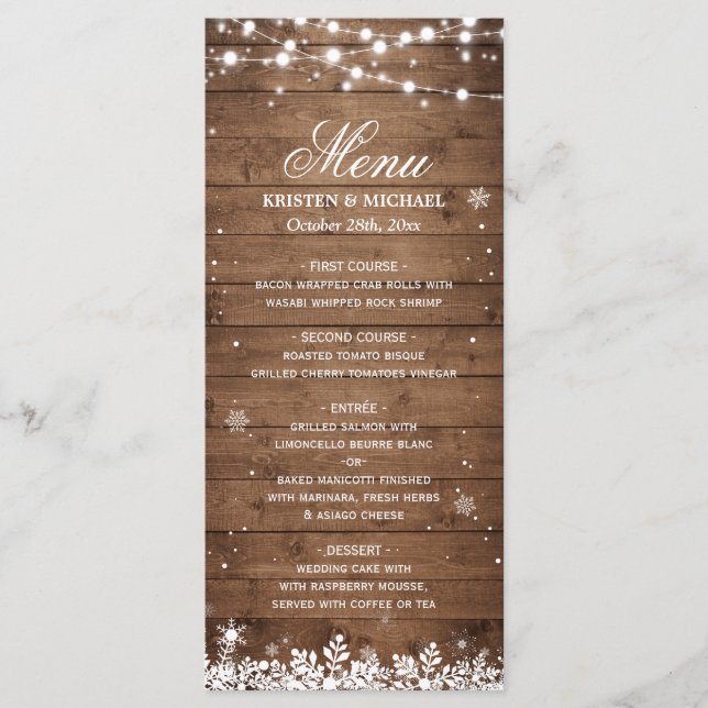 String Ljus Wood Rustic Winter Wedding Menu Meny (Framsida)