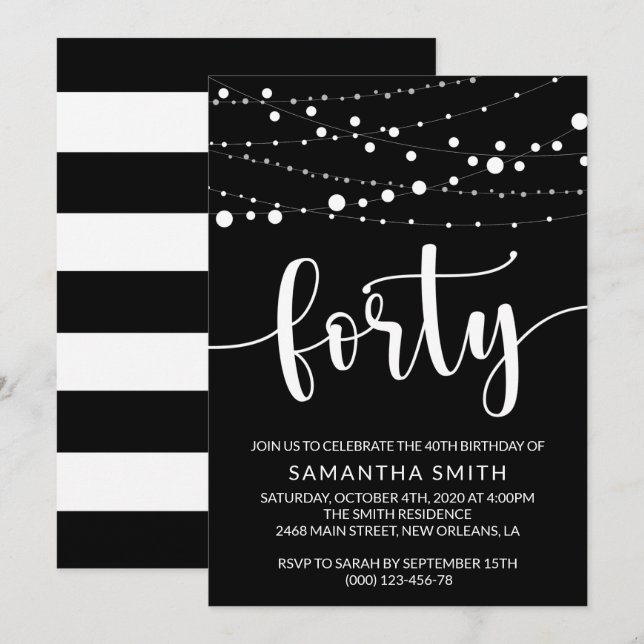 String of Ljus, Light Garland, 40:e födelsedagen Inbjudningar (Fram/baksida)