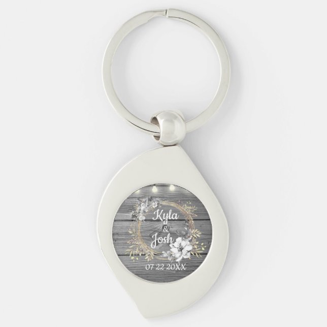 Stringade Ljus utandning Rustic Bröllop Swirl Silverfärgad Nyckelring (Framsidan)