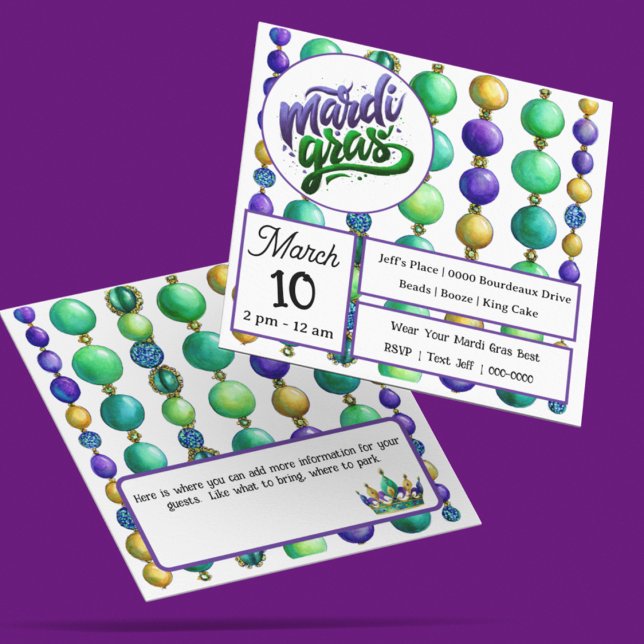 Strings of Colorful Mardi Gras Beads Inbjudningar (Fully customize the front and back of your Mardi Gras bead inspired party invitation)