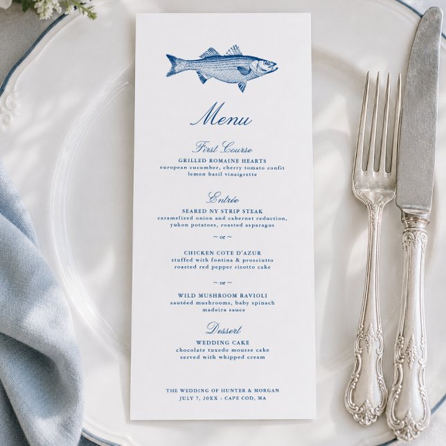 Stripad Basfiske Bröllop Meny (Striped Bass Fishing Wedding Menu Coastal New England Reception Menu by Concertina Press)