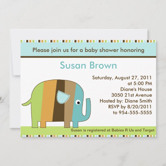 Stripe African Elephant Baby Shower-inbjudan Inbjudningar (Framsida)