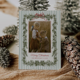 Stripe and Bow Christmas Photo Card Sage Julkort