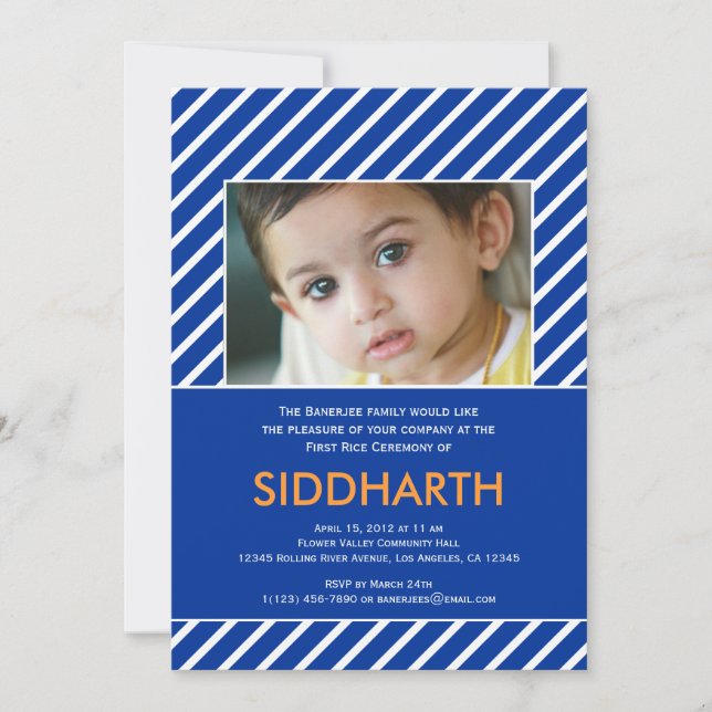 Stripe Annaprashan (första Riset) Blue Call Inbjudningar (Framsida)