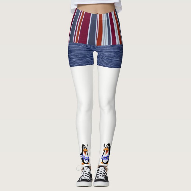 Stripe Blå Pingvin Leggings  (Framsida)