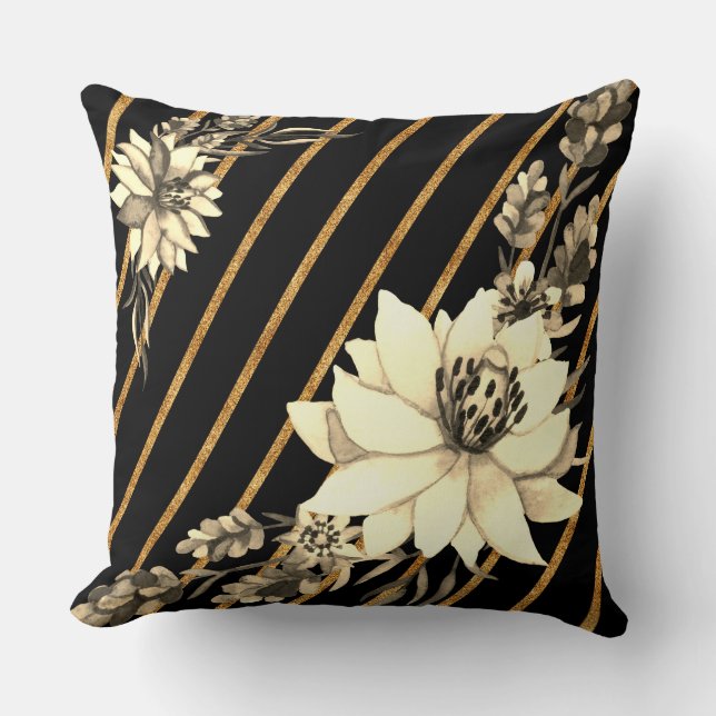 Stripe Black Guld med Vit ros Kudde (Framsida)